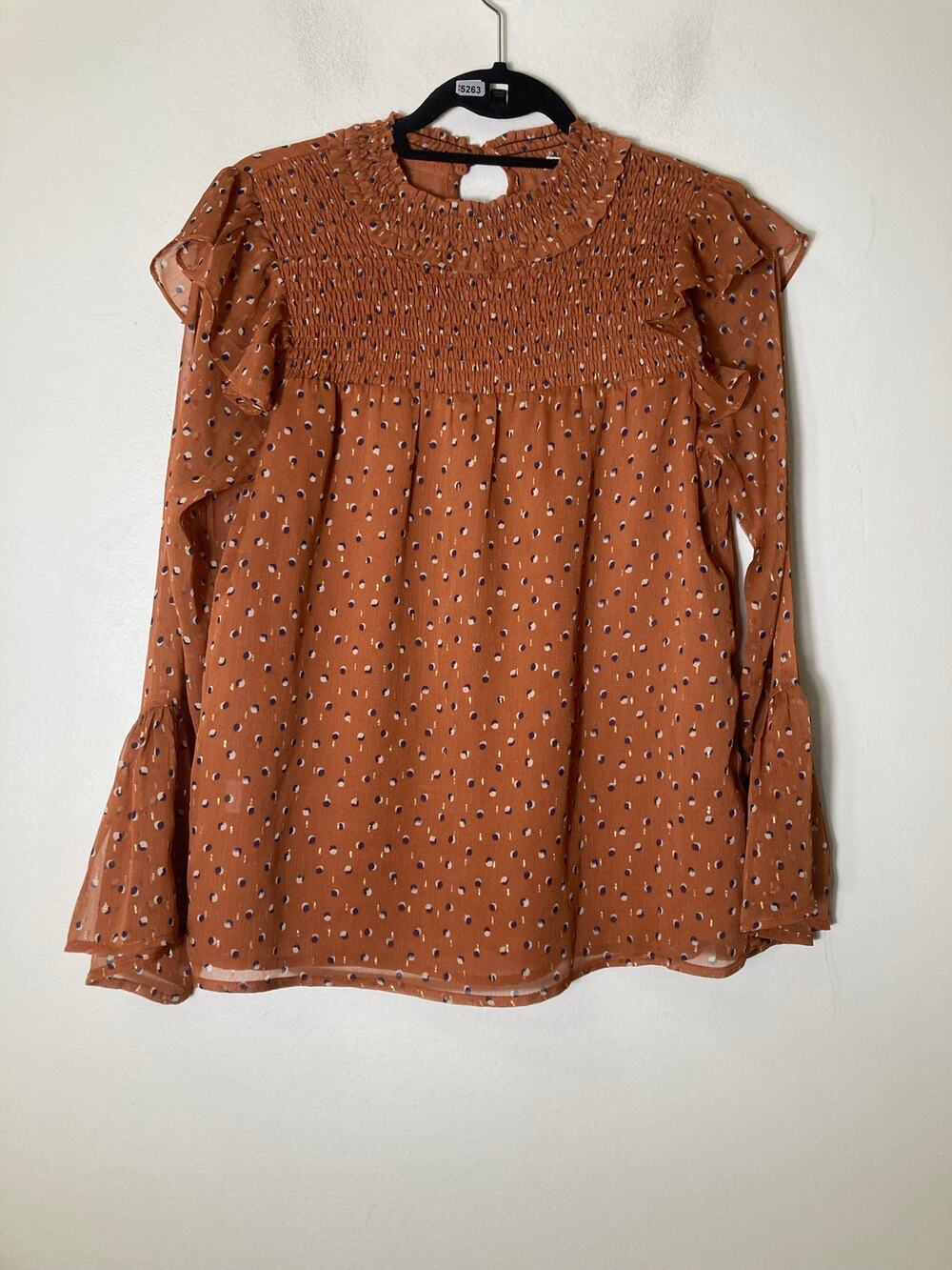 Jade Brown Navy Dot Smocked Chest Blosue Sz Xs